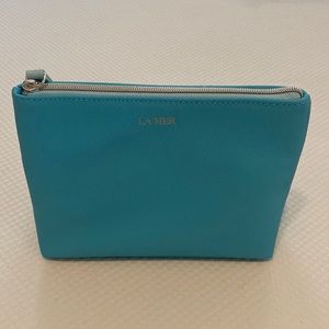 La Mer Blue Cosmetic Makeup Toiletry Travel Bag Case Zipper Vegan Leather Pouch